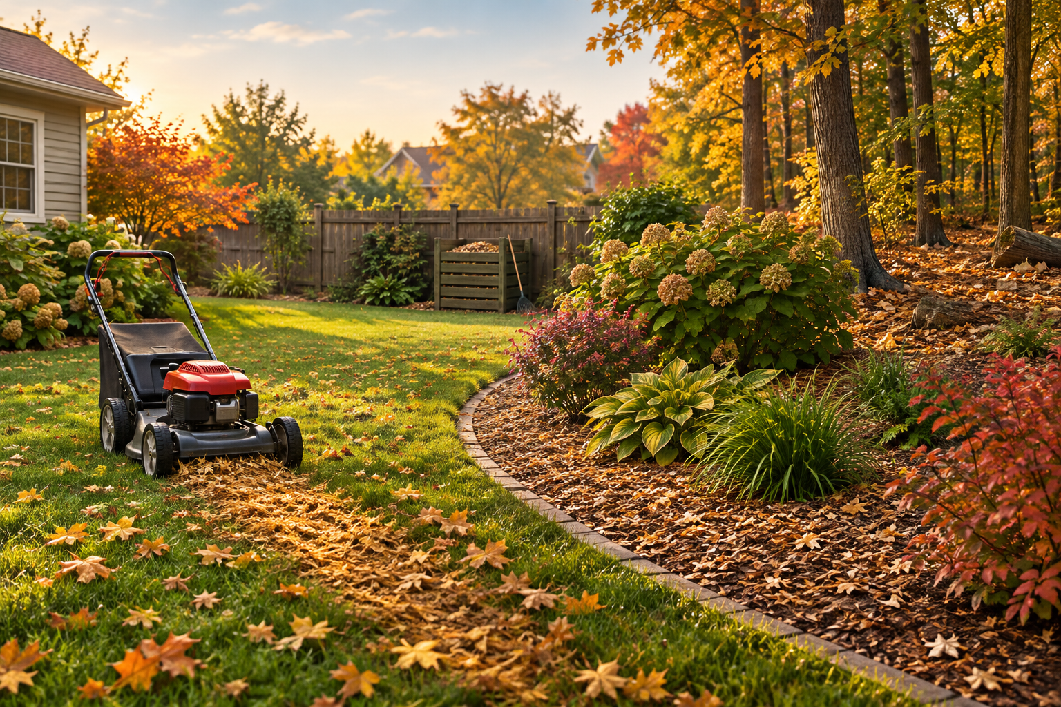 A backyard with leaves being mulched on a lawn, spread in a garden bed, and left in a wooded area.