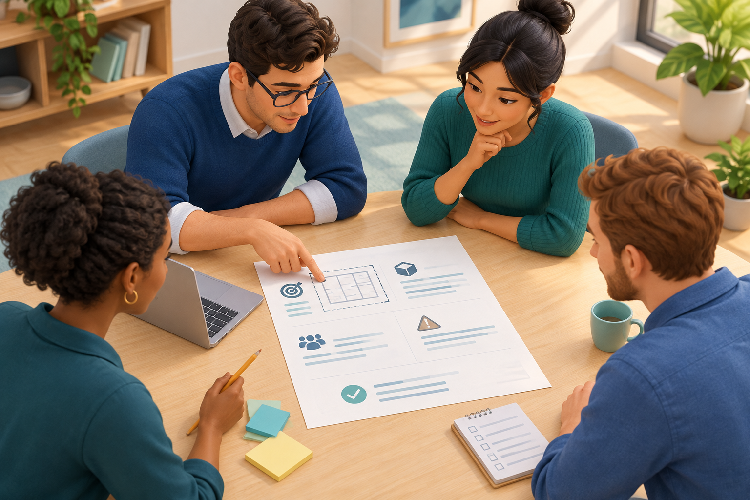 A small team reviews a one-page project brief together at a table.