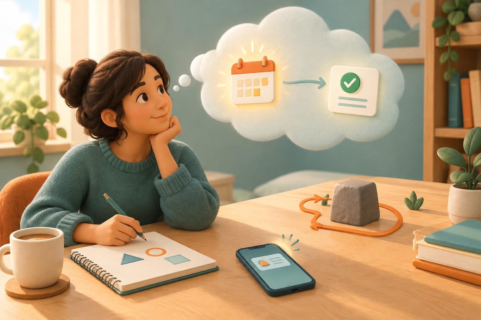A 3D illustration of a person linking a calendar cue to a small task at a desk.