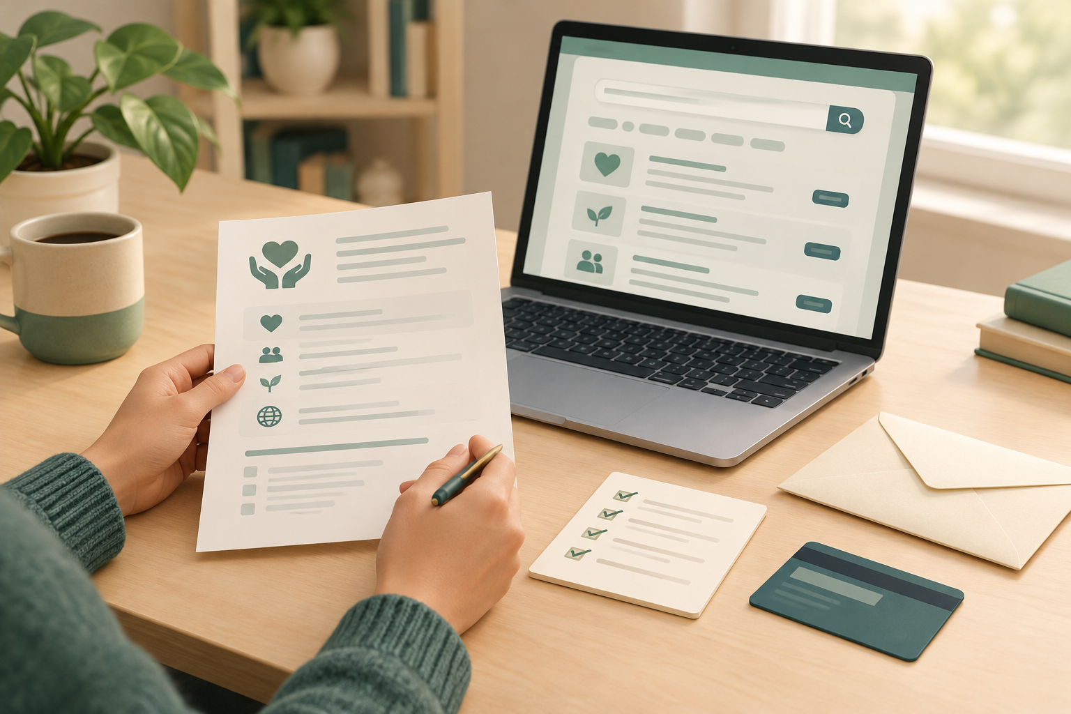 يدان تراجعان نموذج تبرع وقائمة تحقق إلى جوار حاسوب محمول.