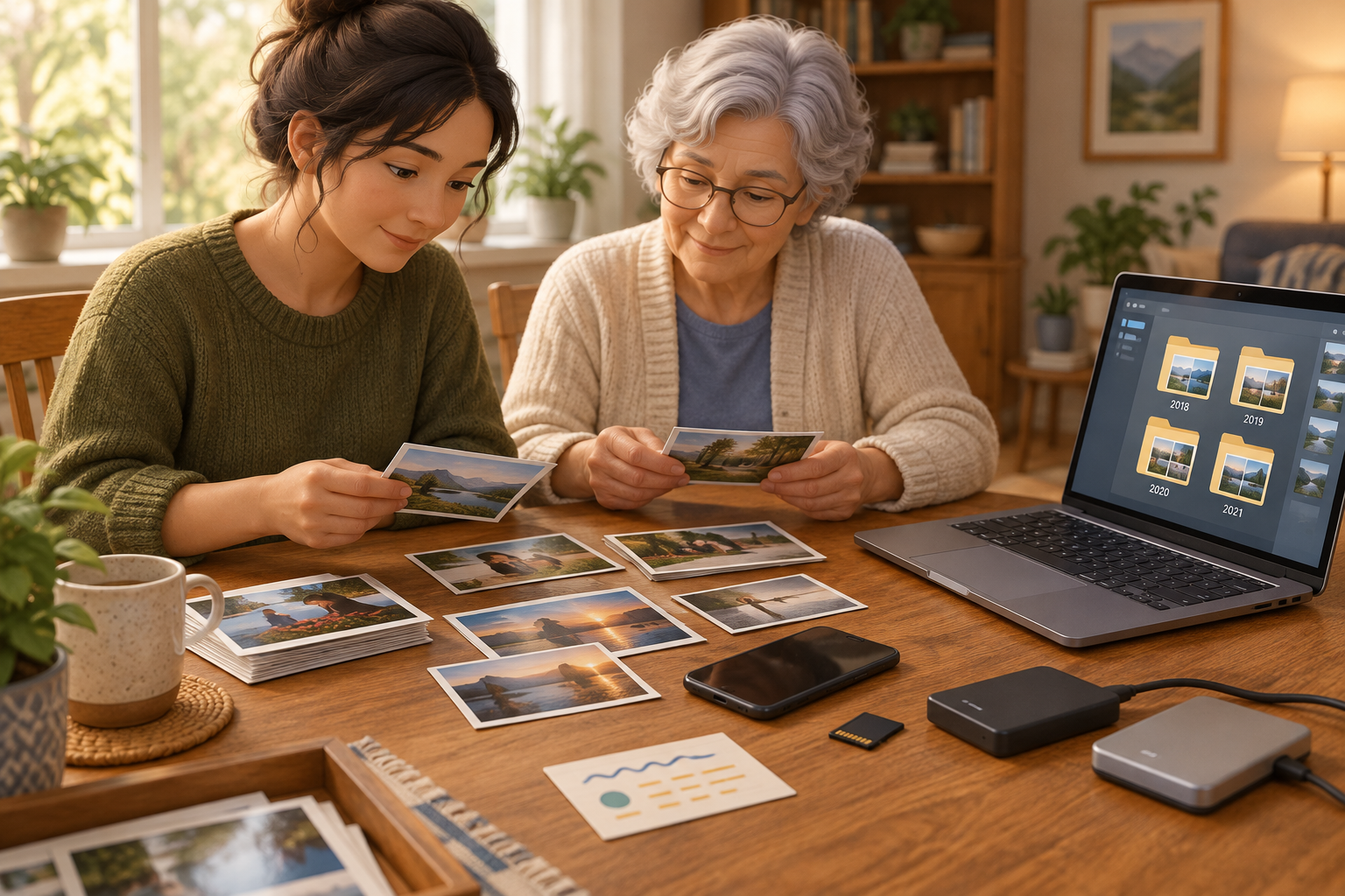 Two family members sort printed photographs beside a laptop, phone, memory card, and backup drives.