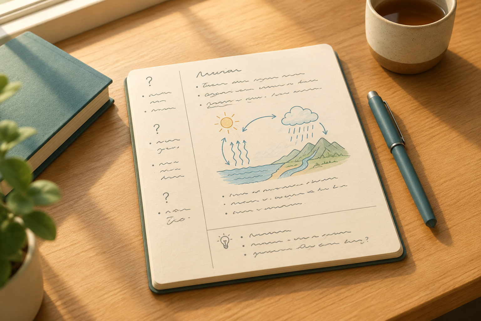 An open notebook arranged into a notes area, a cue column, and a bottom summary space.