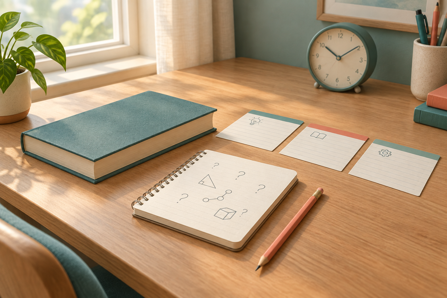 A notebook, closed textbook, and three index cards arranged on a study desk.