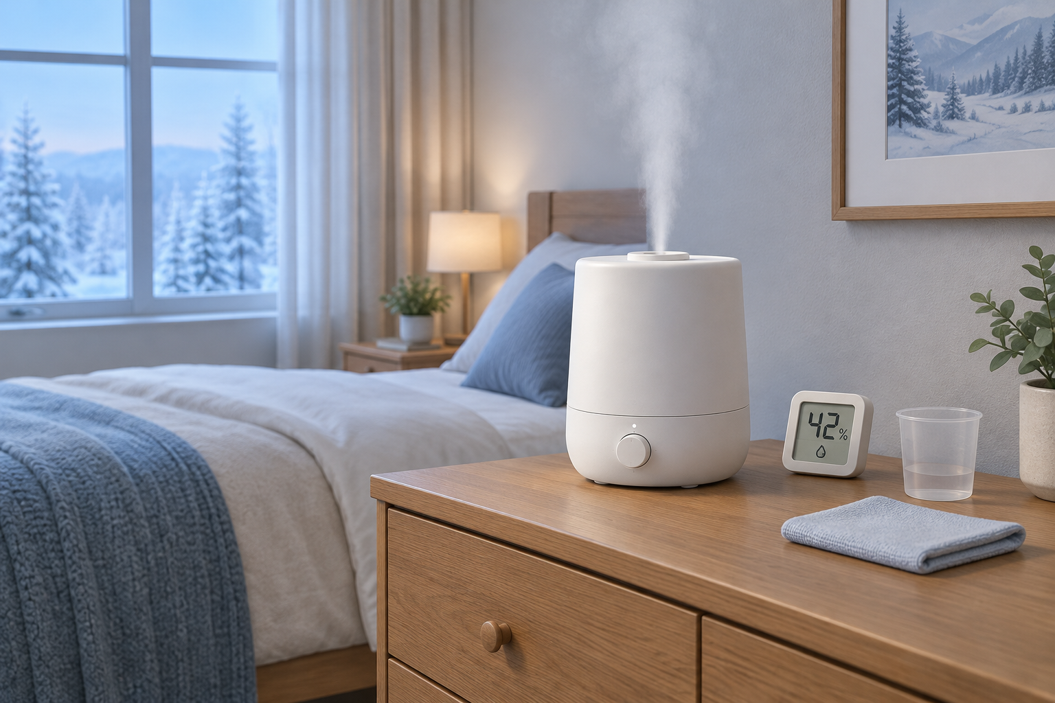 A tabletop humidifier and hygrometer on a dry bedroom dresser.