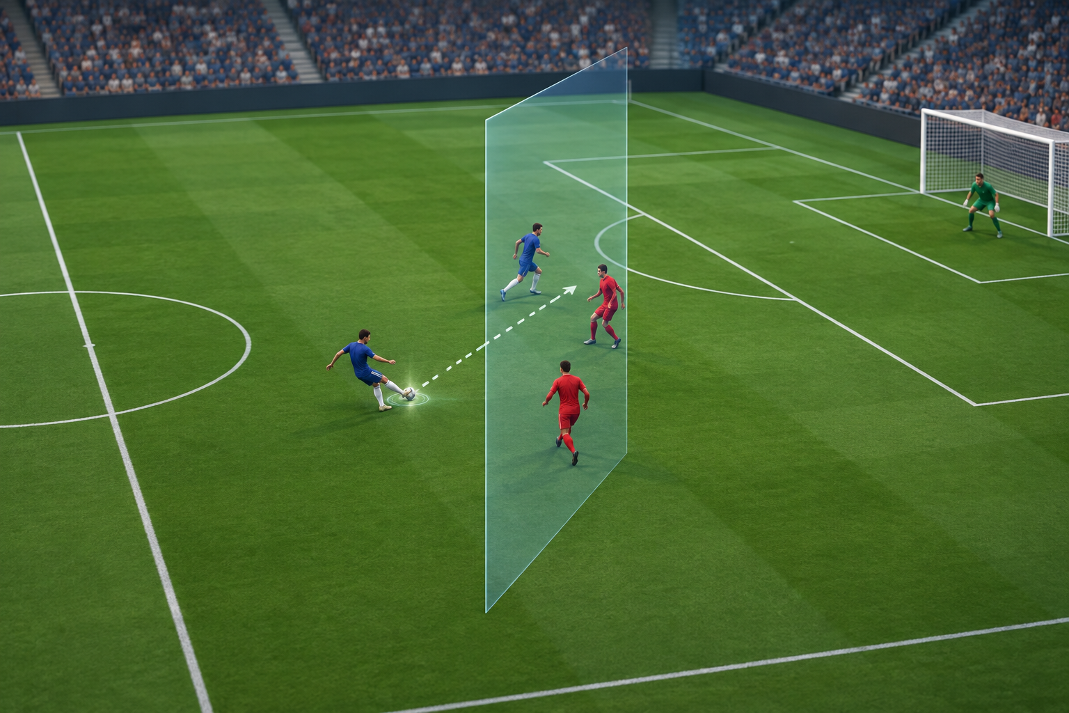 3D soccer-pitch illustration showing a forward pass and an attacker level with the second-last defender.