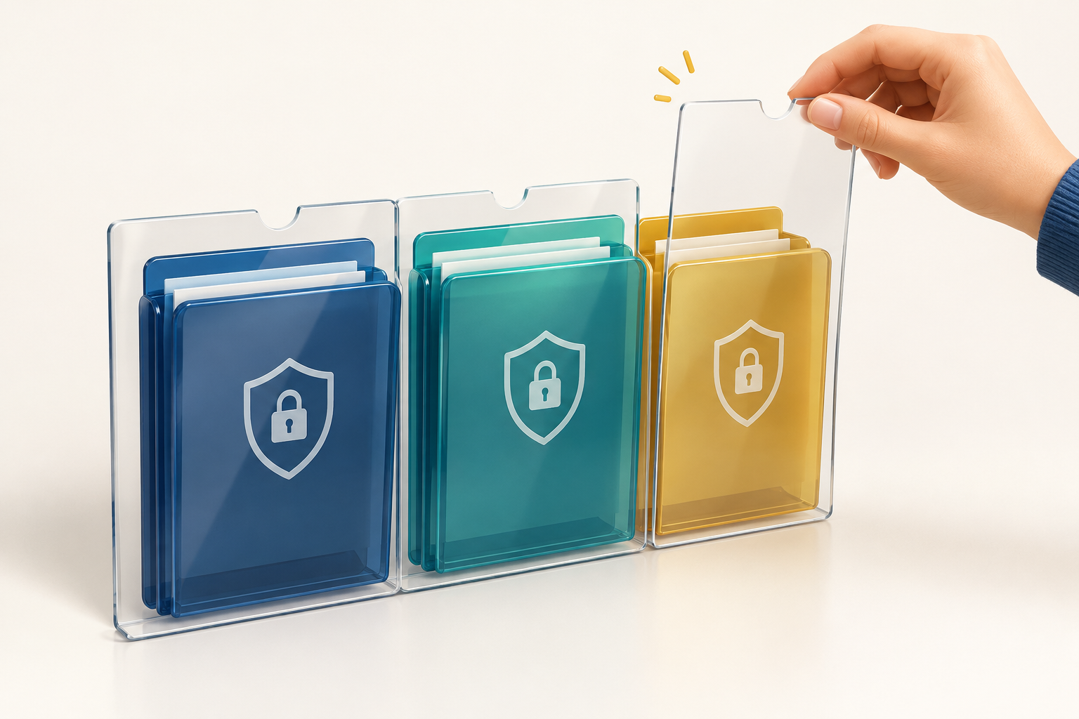 Three credit-file folders with separate lock symbols and a panel partially lifted.